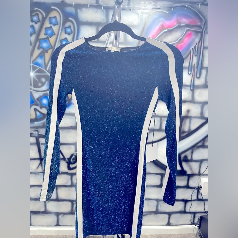 XXS Revolve fitted navy glittery mini dress with racing stripe